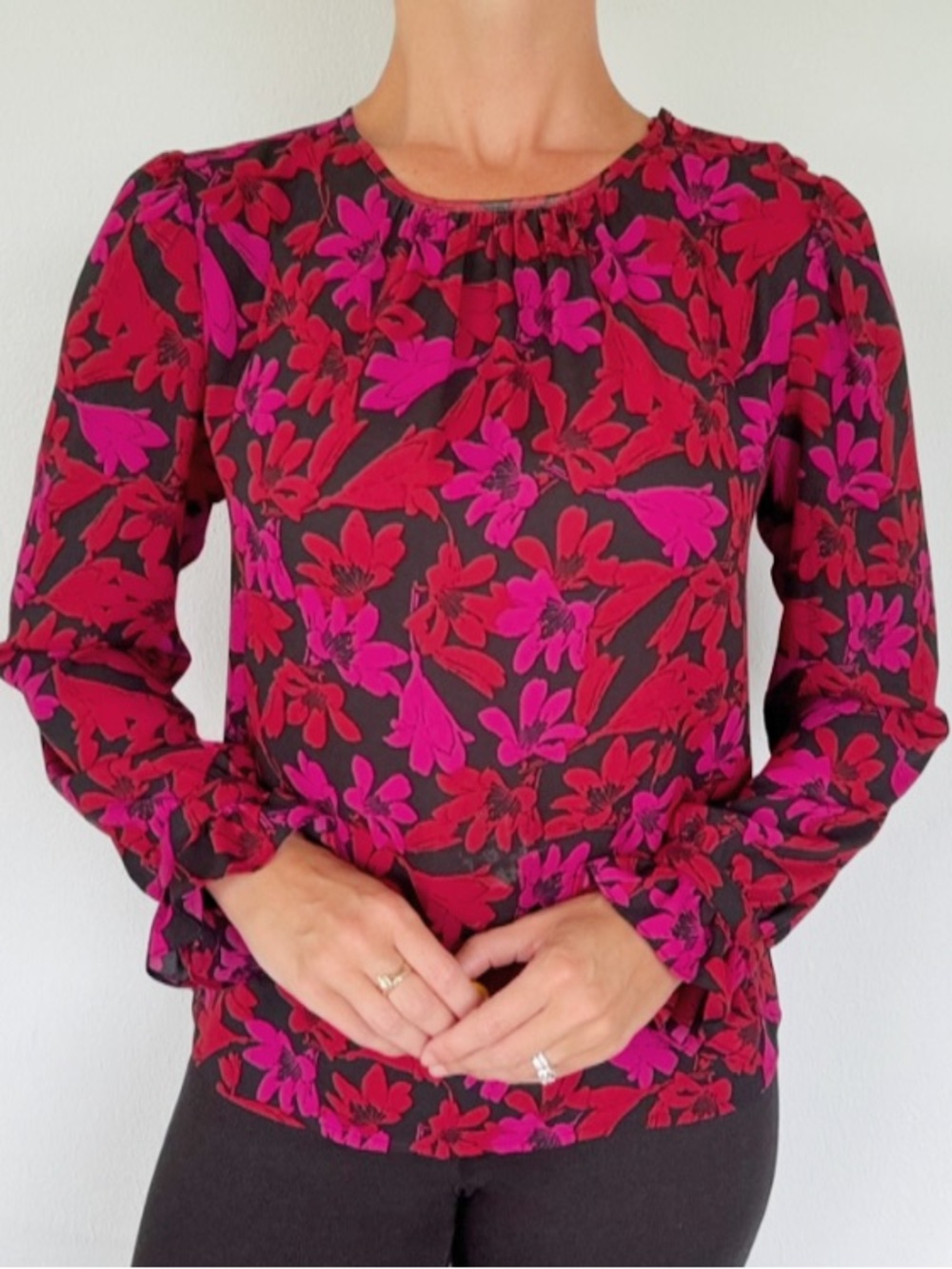 J. Crew bright pink floral print ruffle cuff lightweight blouse size small